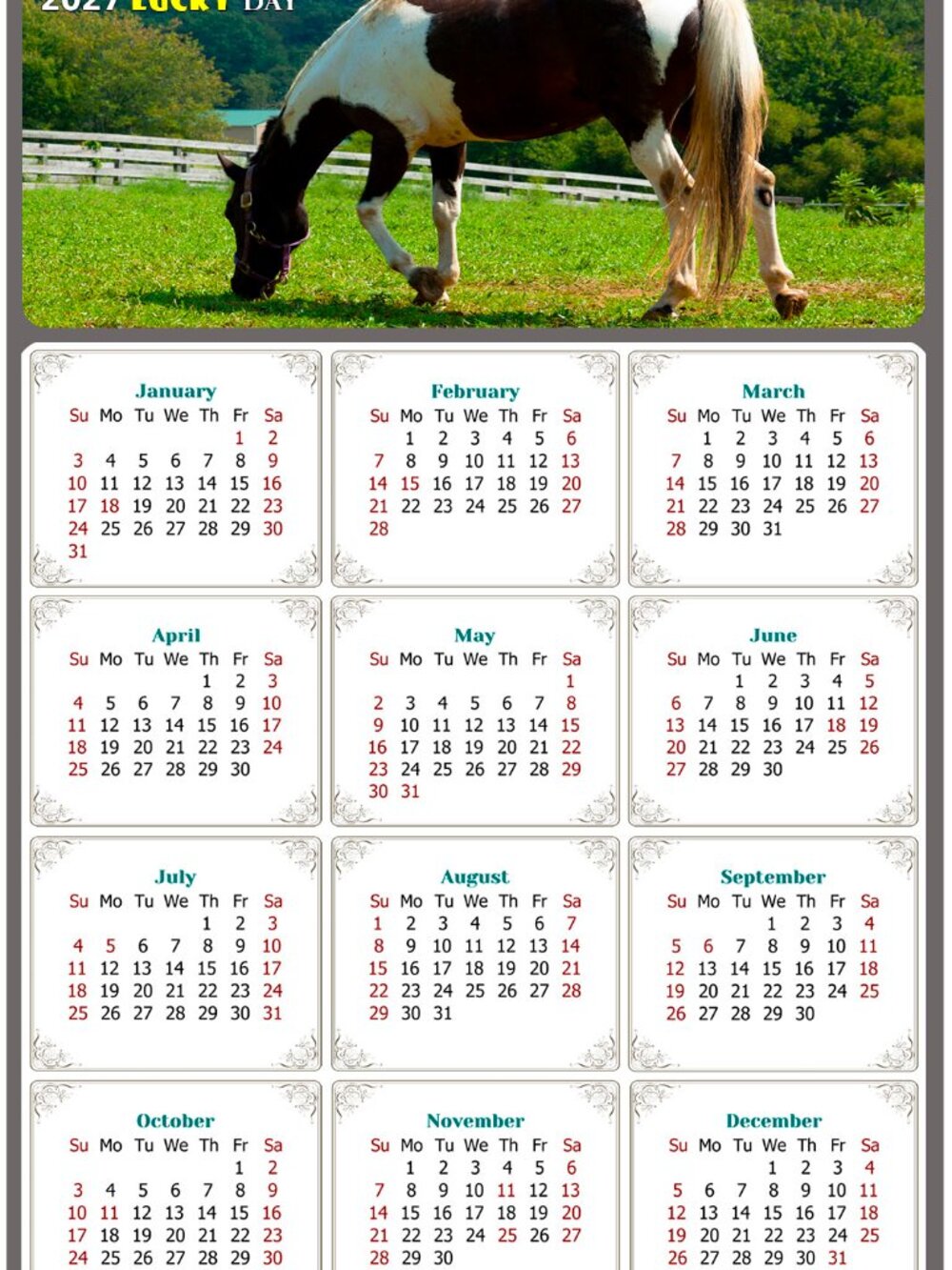 2027 Magnetic Calendar - Today is my Lucky Day - Horses Themed 020 (5.25 x 8)